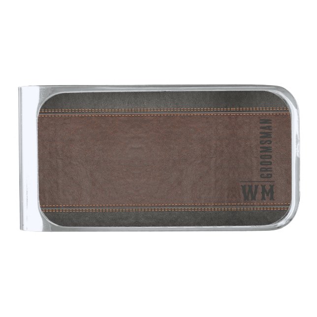Brown Faux Leather Monogram Groomsman Gift Silver Finish Money Clip (Front)