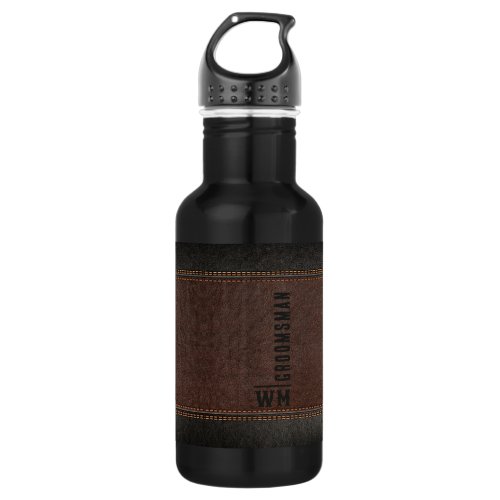 Brown Faux Leather Monogram Groomsman Gift Stainless Steel Water Bottle