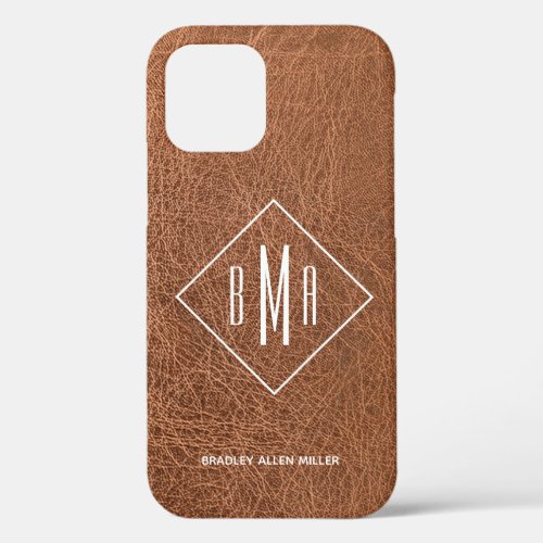 Brown Faux Leather Monogrammed iPhone 12 Case