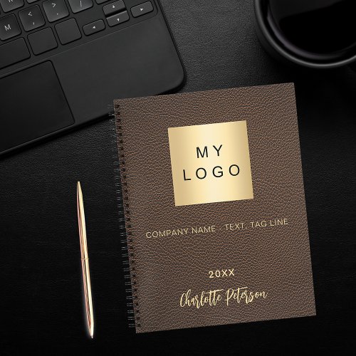 Brown faux leather name business logo notebook