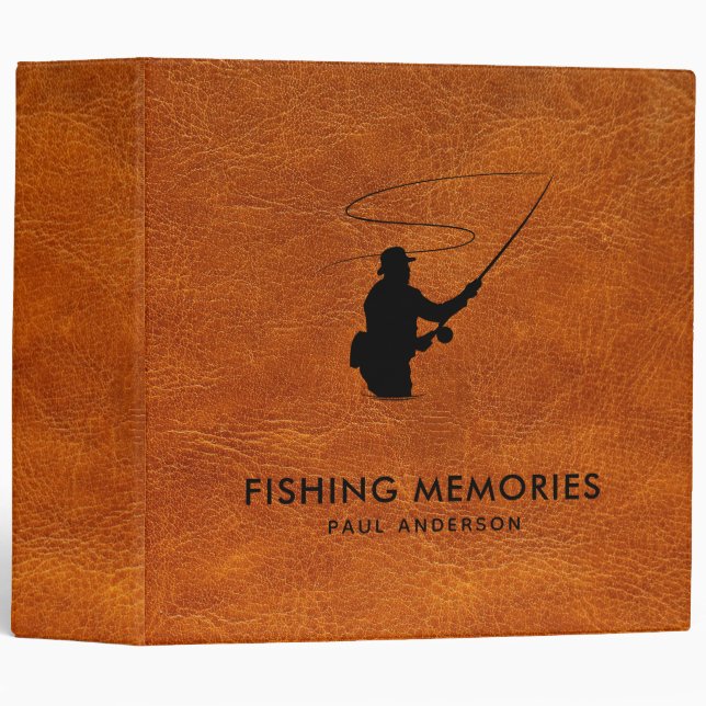 Brown faux Leather Texture Fishing Memories 3 Ring Binder (Front/Spine)