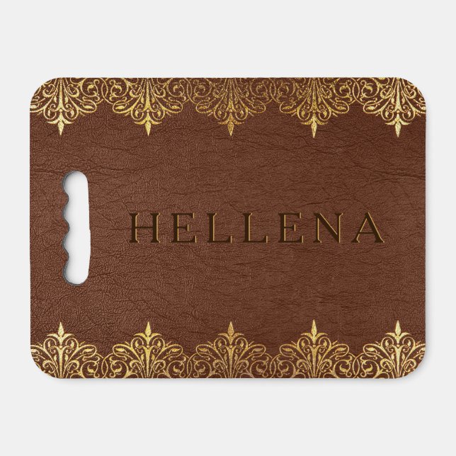 Brown faux leather texture gold frame monogram seat cushion (Front Horizontal)