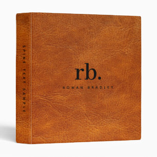 Brown faux Leather Texture Minimalist Monogram 3 Ring Binder