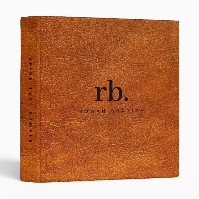 Brown faux Leather Texture Minimalist Monogram 3 Ring Binder (Front/Spine)