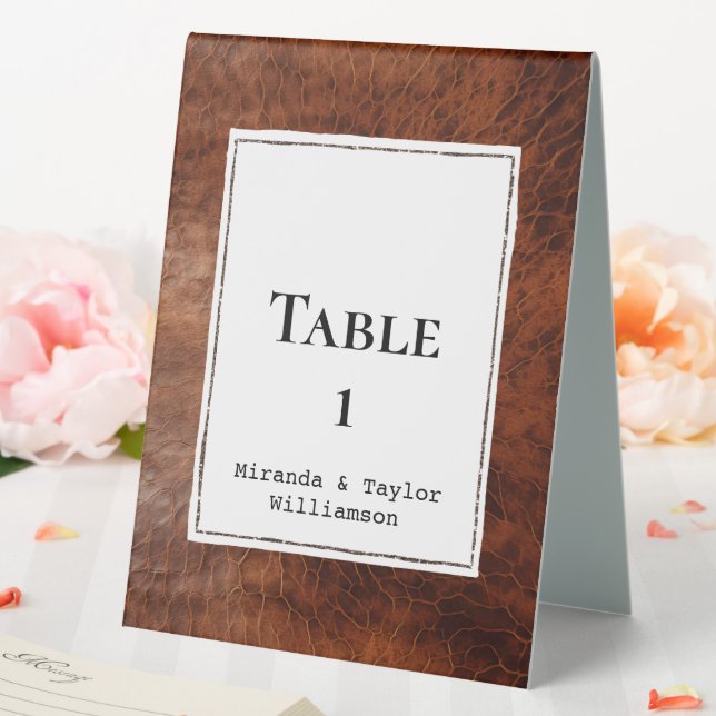 Brown Faux Leather Wedding Table Number Table Tent (In SItu (Wedding))