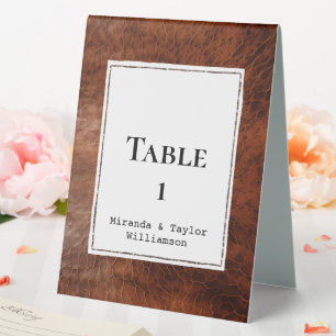 Brown Faux Leather Wedding Table Number Tent