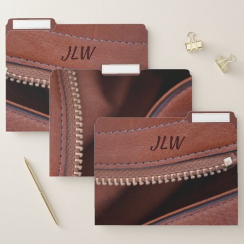 Brown faux Leather with Initials Stylish File Fold File Folder