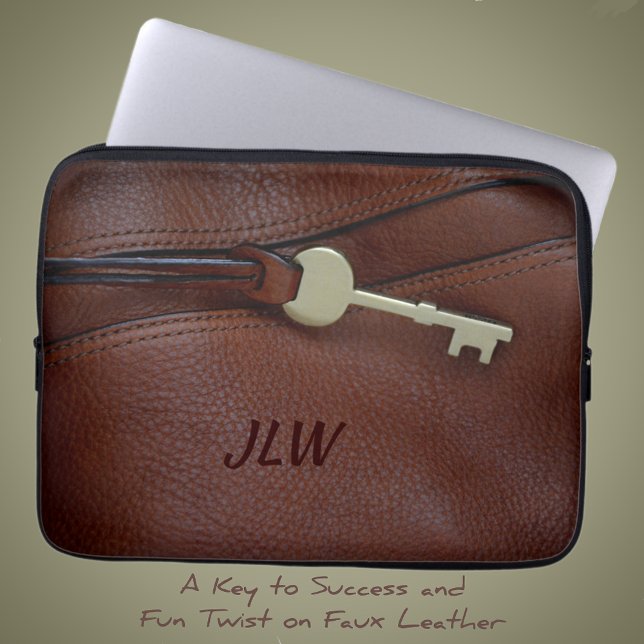 Brown Faux Leather with Key and Monogram Laptop Sleeve (Creator Uploaded)