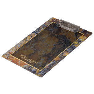 Brown Faux Marble Stone Texture Gold Border Clipboard