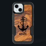 Brown Faux Wood & Black Nautical Boat Anchor iPhone 15 Case<br><div class="desc">Vintage black nautical boat anchor illustration on rustic faux brown wood texture print. Customizable monogram in black.</div>