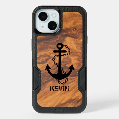 Brown Faux Wood  Black Nautical Boat Anchor iPhone 15 Case
