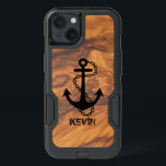 Brown Faux Wood & Black Nautical Boat Anchor iPhone 13 Case<br><div class="desc">Vintage black nautical boat anchor illustration on rustic faux brown wood texture print. Customizable monogram in black.</div>