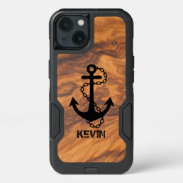 Brown Faux Wood &amp; Black Nautical Boat Anchor iPhone 13 Case