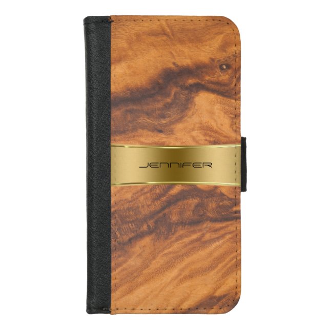 Brown Faux Wood Gold Stripe Monogram iPhone Wallet Case (Front)