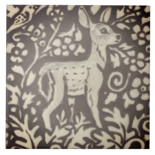 Brown Fawn Deer Floral Foliage Woodland Decor Art Ceramic Tile