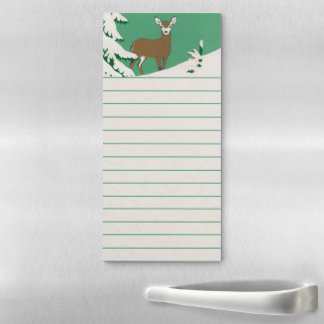 Brown Female Deer in Snow Pine Tree Green Magnetic Notepad