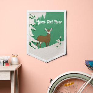 Brown Female Deer in Snow Pine Tree Mint Green Pennant