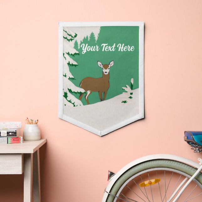 Brown Female Deer in Snow Pine Tree Mint Green Pennant (Insitu 2)