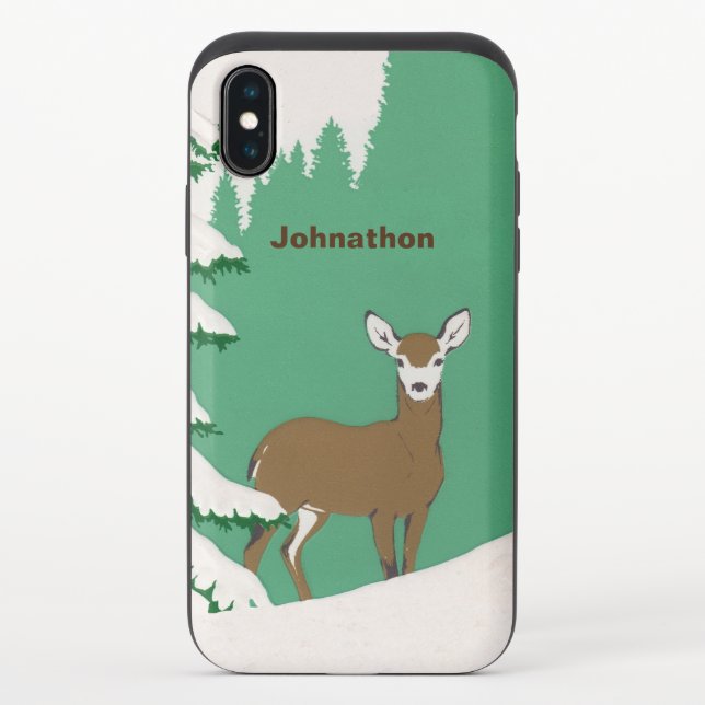 Brown Female Deer in Snow Pine Tree Mint Green Uncommon iPhone Case (Back)
