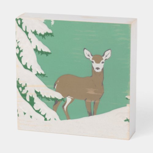 Brown Female Deer White Face in Snow by Pine Tree  Wooden Box Sign