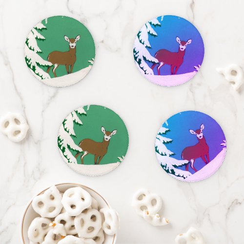 Brown Female Deer White Face in Snow Pine Tree Coaster Set