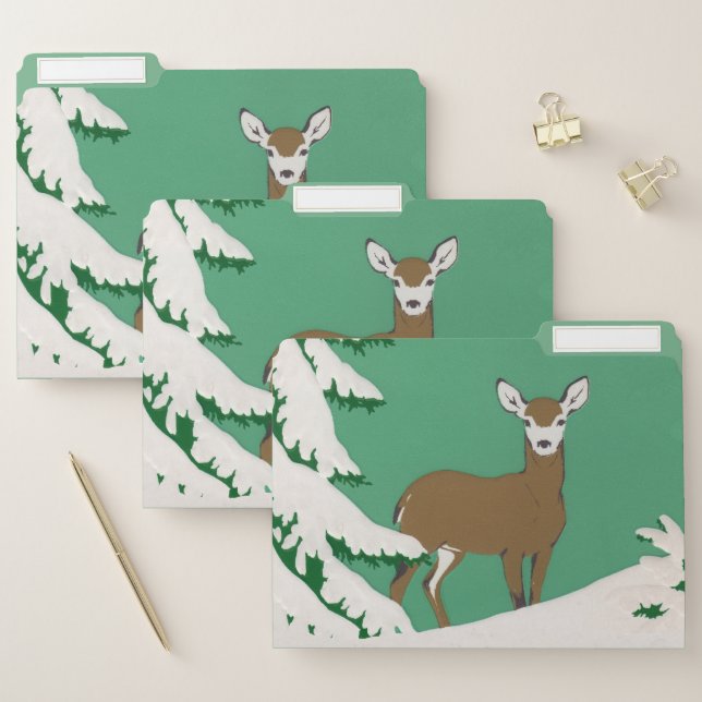 Brown Female Doe Deer Pine Tree Snow Green File Folder (Set)