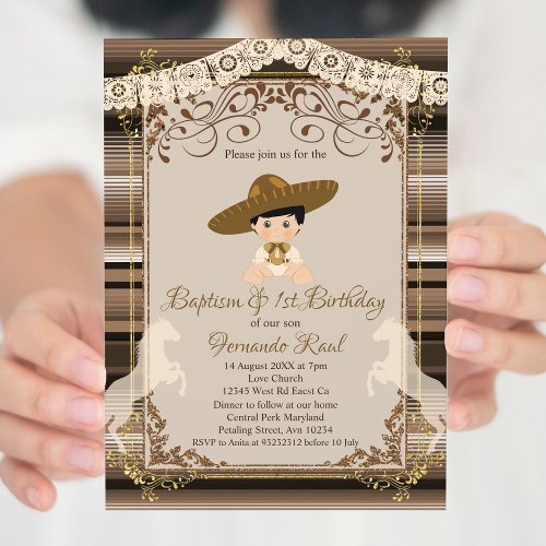 Brown Fiesta Baptism and First Birthday Boy Invitation