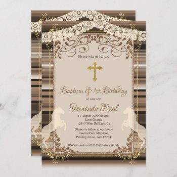 Brown Fiesta Baptism Cross And First Birthday  Invitation by HappyPartyStudio at Zazzle