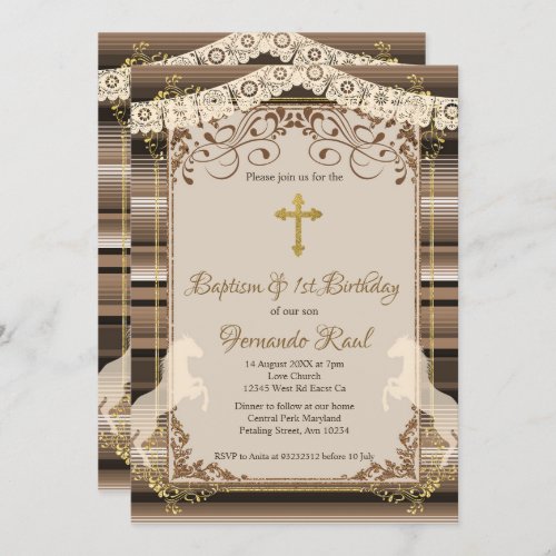 Brown Fiesta Baptism Cross and First Birthday  Invitation