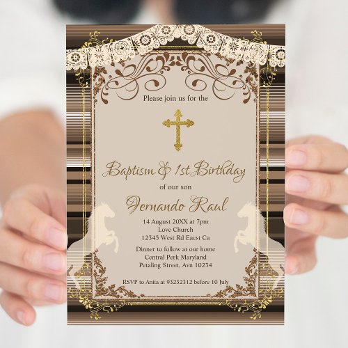 Brown Fiesta Baptism Cross and First Birthday  Invitation