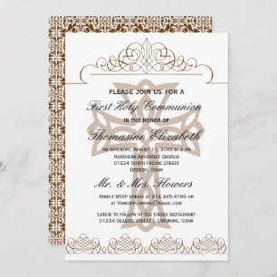 Brown First Holy Communion Cross Invitations