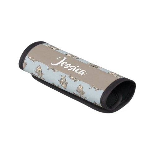 Brown fishes on blue pattern luggage handle wrap