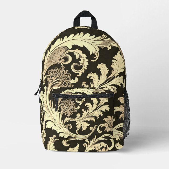 Brown Fleur Antique Pattern Printed Backpack (Front)
