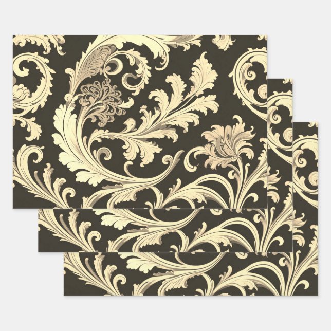 Brown Fleur Antique Pattern Wrapping Paper Sheets (Set)