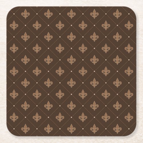 Brown Fleur De Lis French Damask Pattern Square Paper Coaster