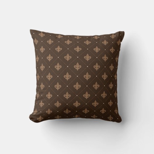 Brown Fleur De Lis French Damask Pattern Throw Pillow
