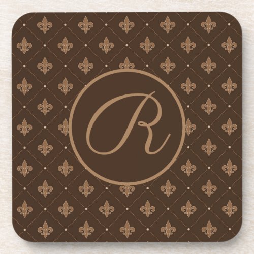 Brown Fleur De Lis French Damask Pattern With Name Beverage Coaster