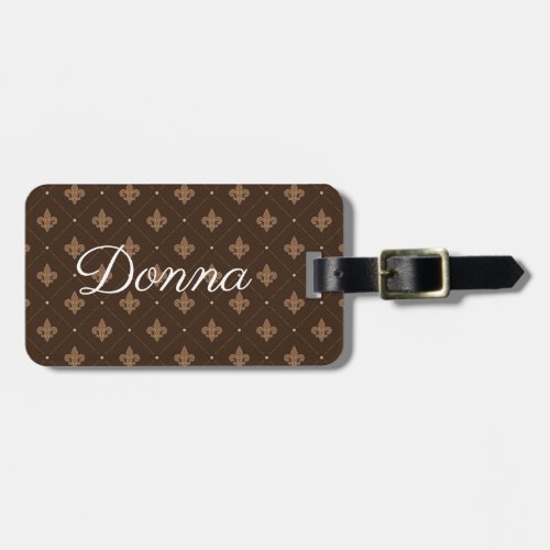 Brown Fleur De Lis French Damask Pattern With Name Luggage Tag