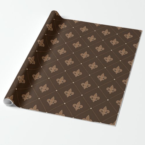 Brown Fleur De Lis French Damask Pattern Wrapping Paper