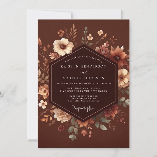 Brown Floral Autumn Romance Wedding Invitation (Front)