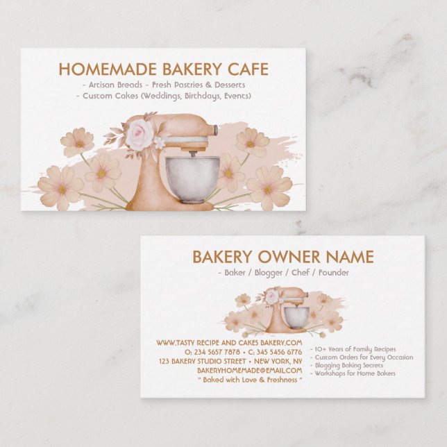 Brown Floral Baking & Cooking Utensil Bakery Business Card (Front/Back)