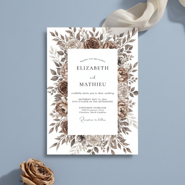 Brown Floral Brushstroke Romance Wedding Invitation (Creator Uploaded)