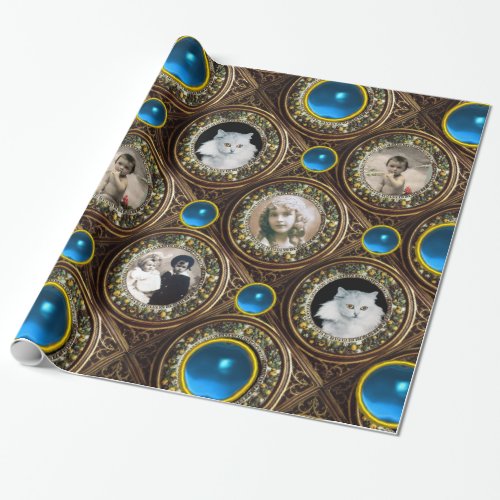 BROWN FLORAL CHRISTMAS CROWNBLUE GEM PHOTO FRAME WRAPPING PAPER