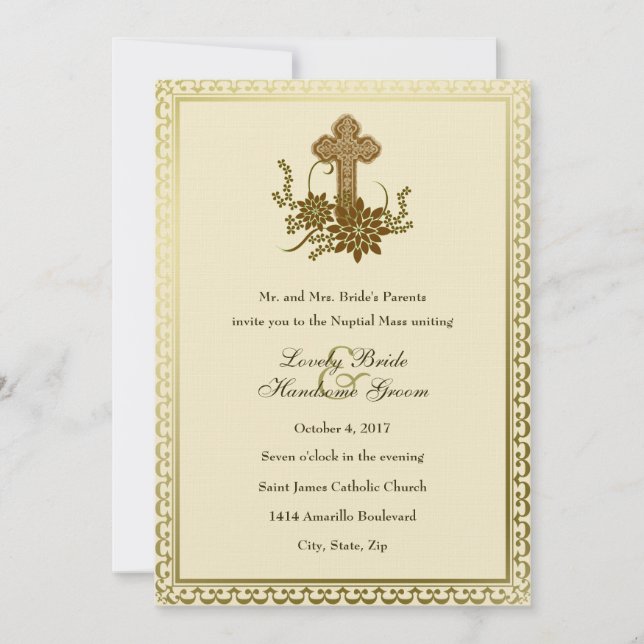 Brown Floral Cross Catholic Wedding Invitation (Front)