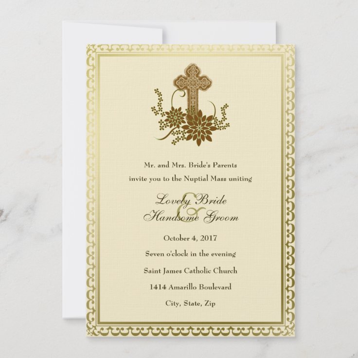 Brown Floral Cross Catholic Wedding Invitation | Zazzle