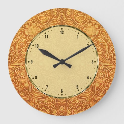 Brown Floral Design Leather Look Touch Of Gold Large Clock