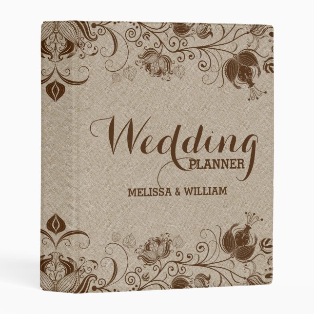Brown Floral Lace Beige Linen Texture Print Mini Binder (Front/Spine)