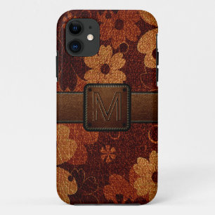Brown Floral Leather Look Brown Tag iPhone 11 Case