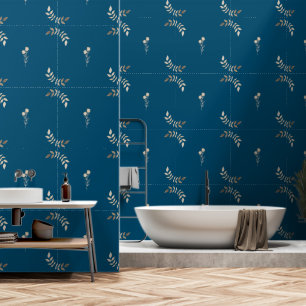 Brown Floral Line Art on Blue Ocean: Peel & Stick Wallpaper