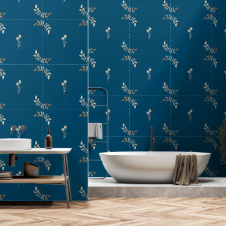 Brown Floral Line Art on Blue Ocean: Peel & Stick Wallpaper